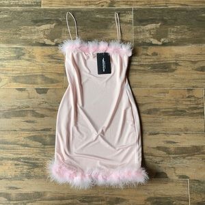 PLT pale pink slinky feather trim bodycon US 2